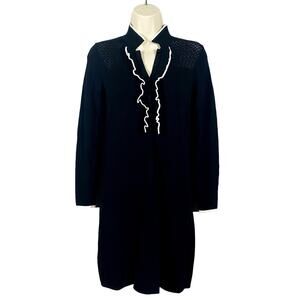 Shoshanna Knit Shirt Dress Ruffle Front Long Sleeve BLack White Modest - S
